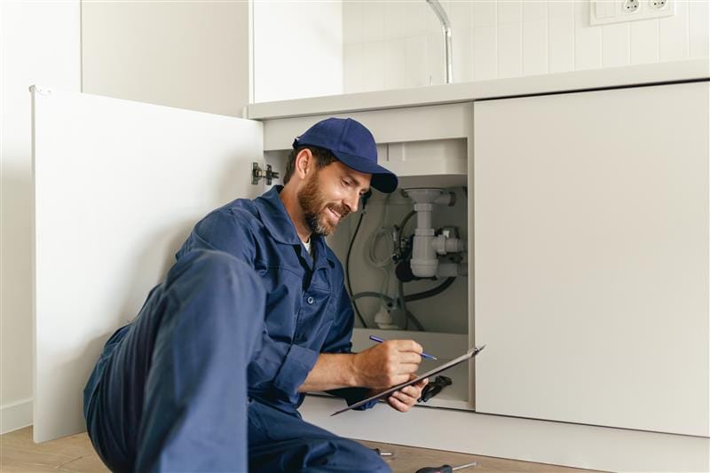 Residential plumber reviewing plumbing repairs in a Englewood kitchen