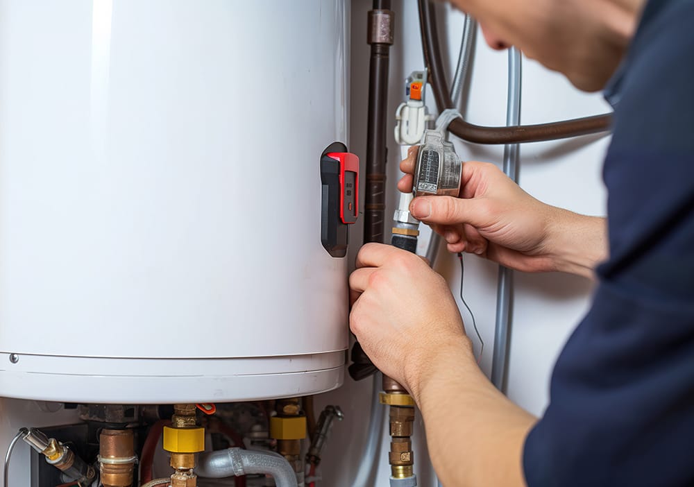 Technician repairing pipes connected to a water heater in Englewood